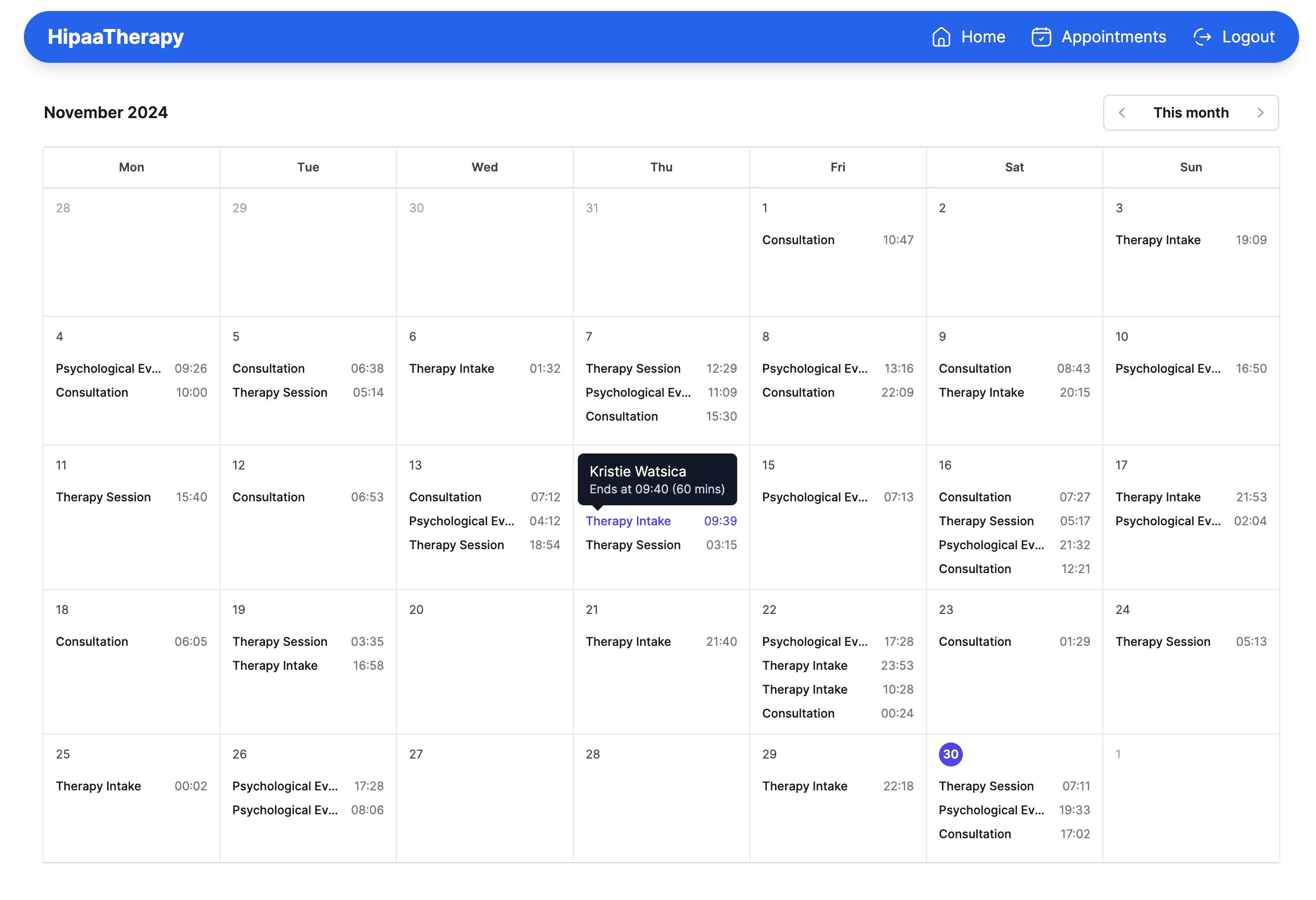 A screenshot of the calendar in HIPAAtherapy